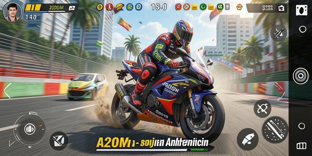 Tampilan gameplay seru dari A200M pada balapan motor.