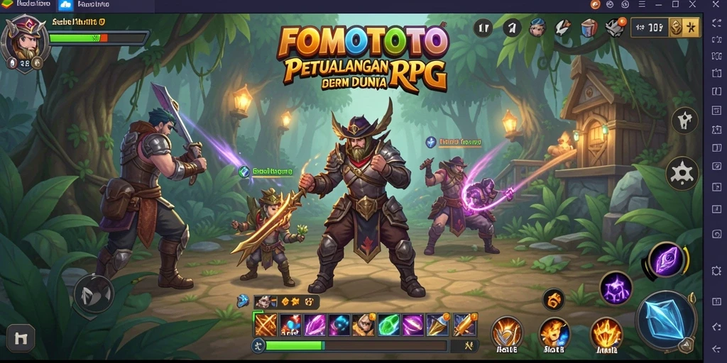 Screenshot utama FOMOTOTO menampilkan aksi pertarungan seru di dunia fantasi.