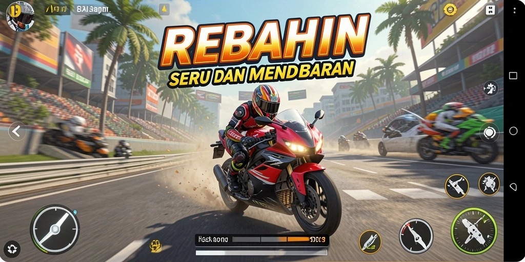 Screenshot gameplay REBAHIN yang menunjukkan balapan motor yang mendebarkan.