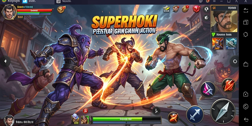 Screenshot utama SUPERHOKI menampilkan pertarungan intens dengan grafis yang memukau.